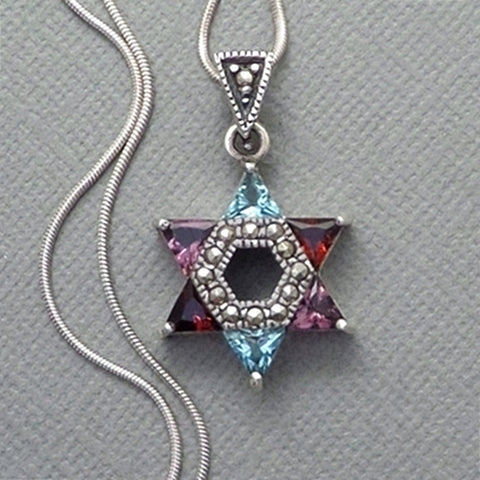 STERLING Jewish STAR of DAVID Pendant Chain Multi-Color Amethyst Garnet Topaz - Years After