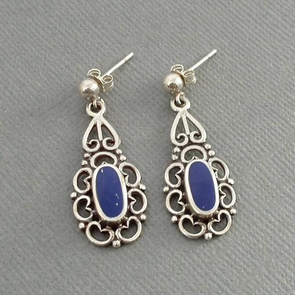 Vintage STERLING Filigree LAPIS Lazuli Drop Earrings - Years After