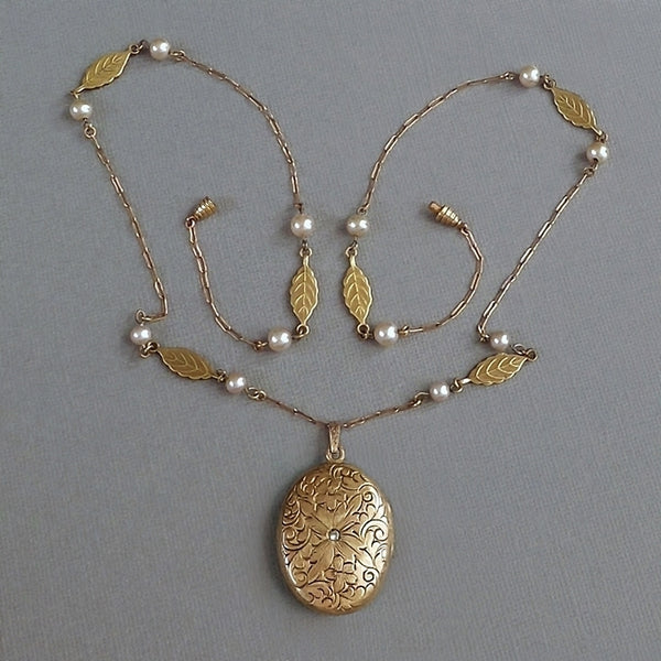 LARGE Antique Art Deco LOCKET Necklace LONG Leaf Pearl Chain - Years After