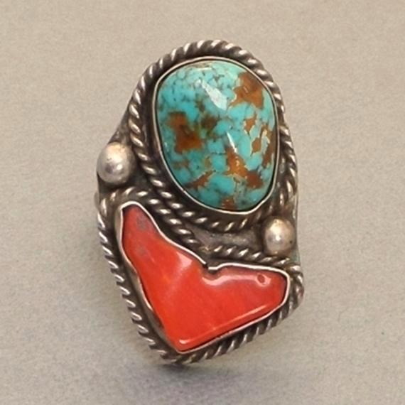 Vintage NATIVE American Royston Spiderweb Turquoise RING Sterling Coral - Years After