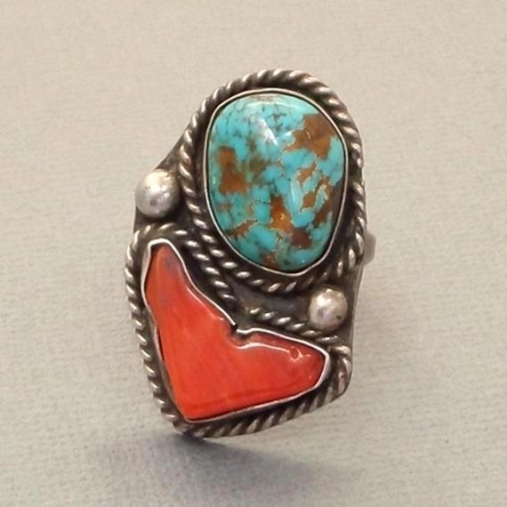 Vintage NATIVE American Royston Spiderweb Turquoise RING Sterling Coral - Years After