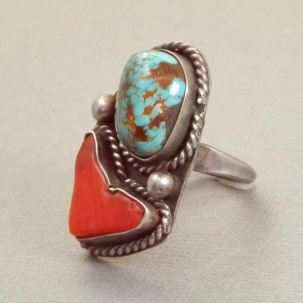 Vintage NATIVE American Royston Spiderweb Turquoise RING Sterling Coral - Years After