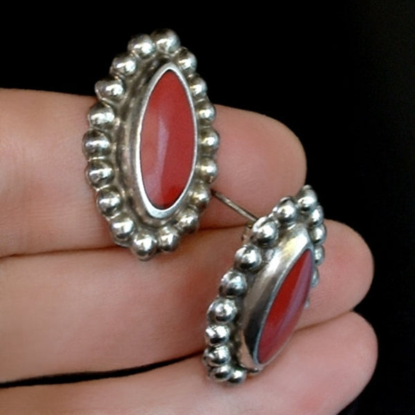 Vintage Pre-Eagle MEXICAN Sterling EARRINGS Red ONYX Pierced Ears c.1940's - Years After 