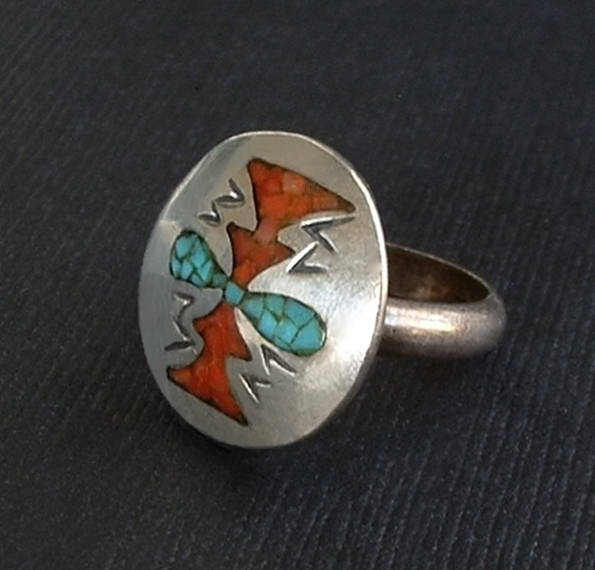 Vintage STERLING Native American Coral Turquoise RING - Years After