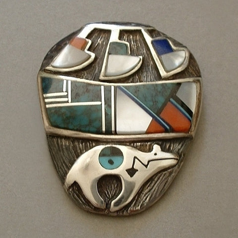 RARE Native American Indian Mosaic Inlay Brooch NAVAJO Sterling Bear Fetish Hallmarked c.1980s - Years After