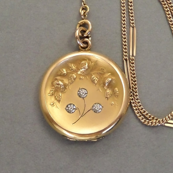 ANTIQUE Art Nouveau LOCKET Rose Flowers Clear Paste Lariat CHAIN - Years After