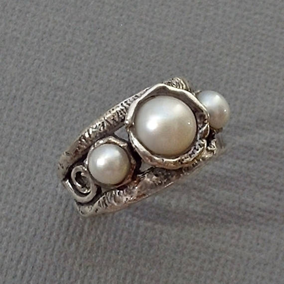 Vintage STERLING Silver PEARL Band Ring Modernist - Years After