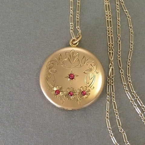 Antique RUBY Paste Victorian LOCKET, Frames Covers, Long CHAIN - Years After