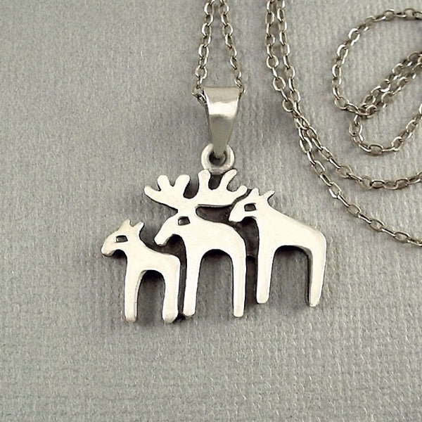 Modernist STERLING Christmas Moose Reindeer PENDANT Chain - Years After