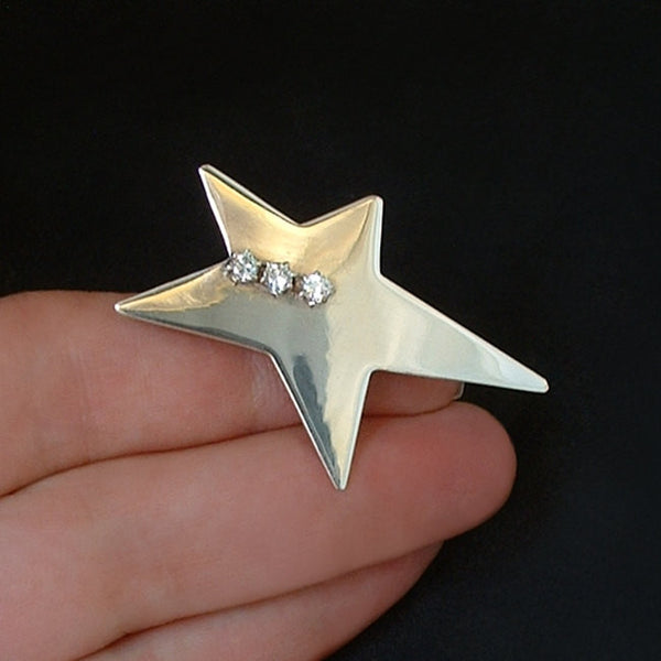 Vintage MODERNIST Sterling Silver Star Brooch Abstract CZ Signed 1970s - Years After