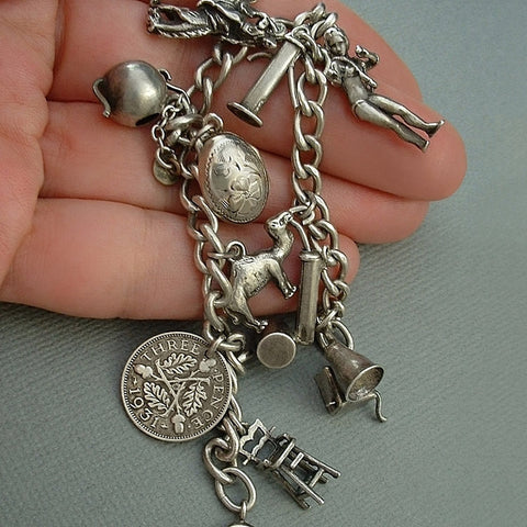 Vintage STERLING Charm Bracelet MECHANICAL Charms, Signed Locket, Tea Pot c.1930's - Years After