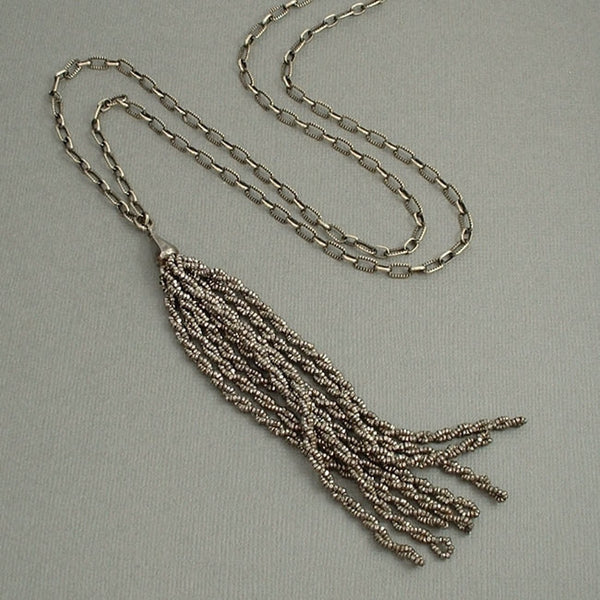 Antique Victorian TASSEL Necklace CUT STEEL Paperclip CHAIN 27" c.1870s - Years After