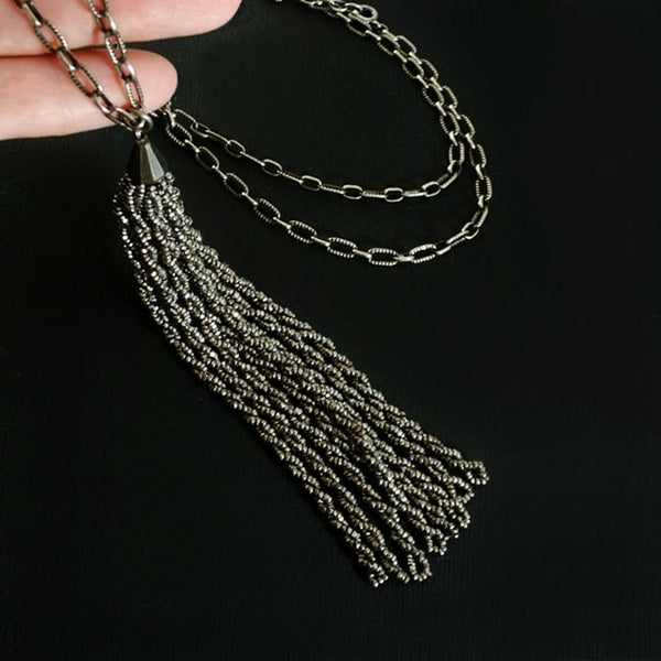 Antique Victorian TASSEL Necklace CUT STEEL Paperclip CHAIN 27" c.1870s - Years After