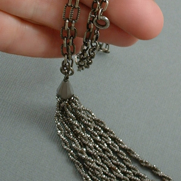 Antique Victorian TASSEL Necklace CUT STEEL Paperclip CHAIN 27" c.1870s - Years After