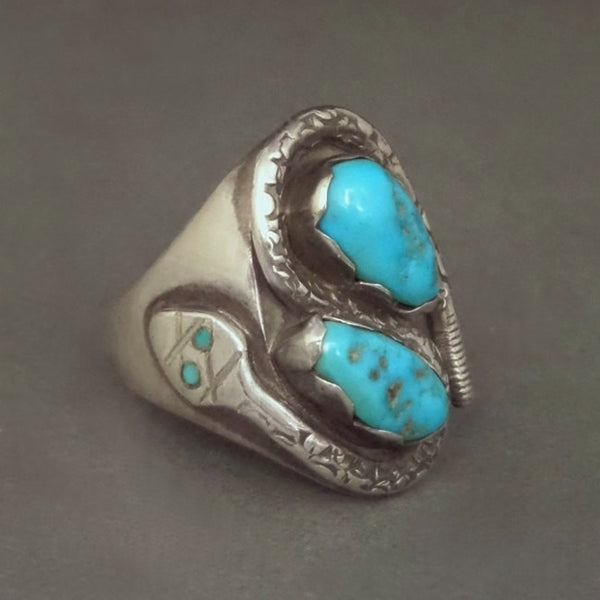 VICTOR CHAVEZ Men's Vintage Navajo Turquoise RING Snake Sterling Signed c.1980's - Years After