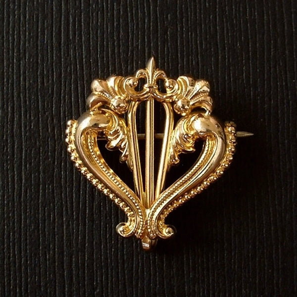 Fleur de Lis Antique WATCH PIN Chatelaine Brooch Gold Filled Scrollwork SIGNED c.1890s - Years After - 2