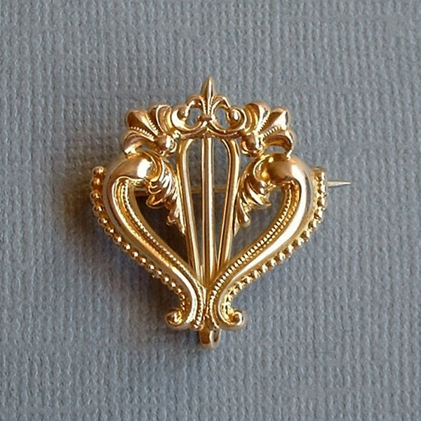 Fleur de Lis Antique WATCH PIN Chatelaine Brooch Gold Filled Scrollwork SIGNED c.1890s - Years After - 1